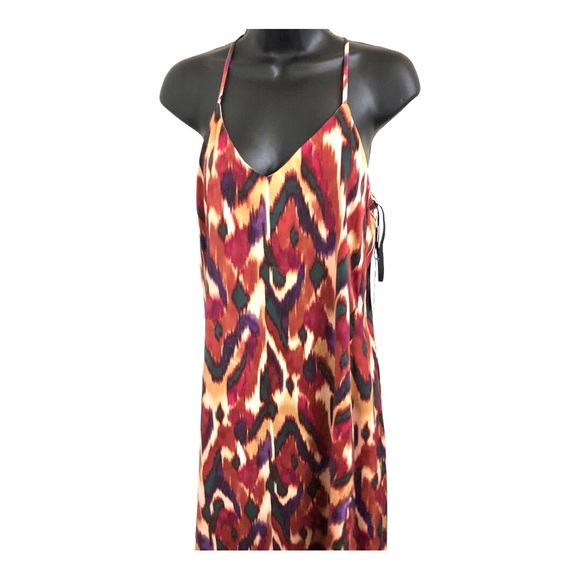 Nicole Miller brown gold ikat style v-neck satin effect maxi dress size small - Picture 3 of 13